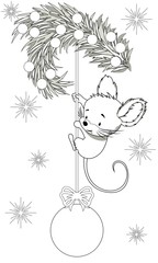 Children's coloring of mouse hanging on the Christmas ball