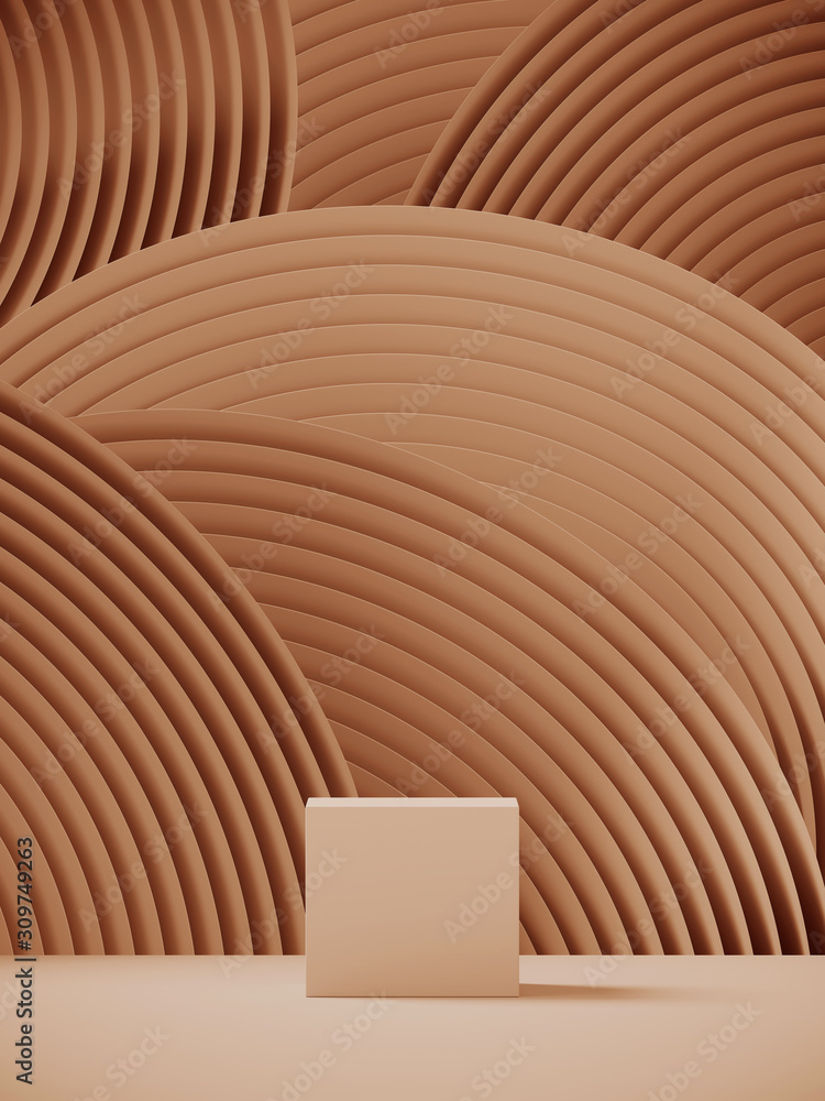 Poster cosmetic background for product presentation. podium on tan color circular geometry pattern . 3d ren