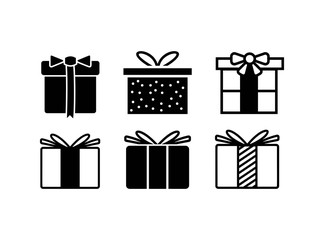 Set of Gift Icon in Black Style Isolated on White Background. Consist of Six Gift Icon Image. Suitable for Valentine, Christmas, Birthday, and more. Vector Illustration.