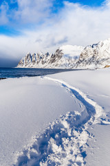 Snowy winter landscape of Lofoten Islands in Norway, scenery of island Senja - snow capped beach...