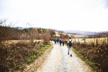 Hiking Group Of People Walking In Nature