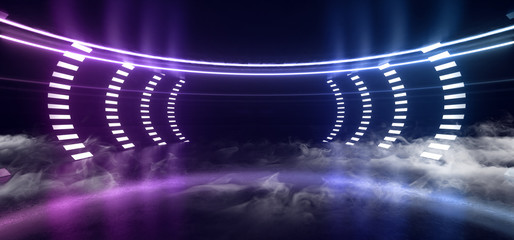 Smoke Fog Oval Circle Studio Sci Fi Futuristic Room Club NIght Dark Concrete Spaceship Showcase Cyber Virtual Reality Purple Blue Glow Vibrant 3D Rendering
