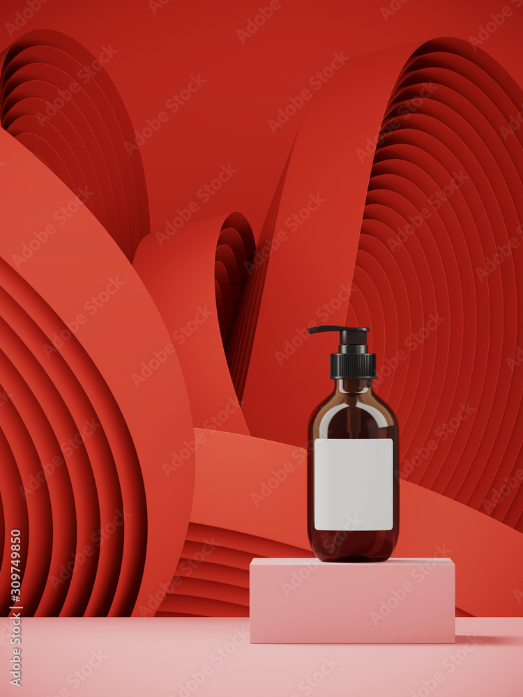 Poster cosmetic background for product presentation. cosmetic bottle on pink podium and red color circular 