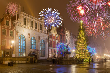 Happy New Year fireworks over Old Town of Gdansk. Poland, Europe © vivoo