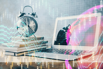 Financial market graph hologram and personal computer on background. Multi exposure. Concept of forex.