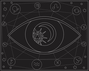 A testing aura and occultism with mysticism and evil eye, a outline vector stock illustration with moon, sun and zodiac signs on a black background