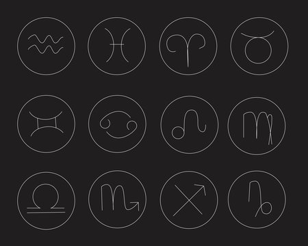 A Zodiac signs isolated on black background for design and occultism, a outline vector stock illustration with collection or set for fortune telling