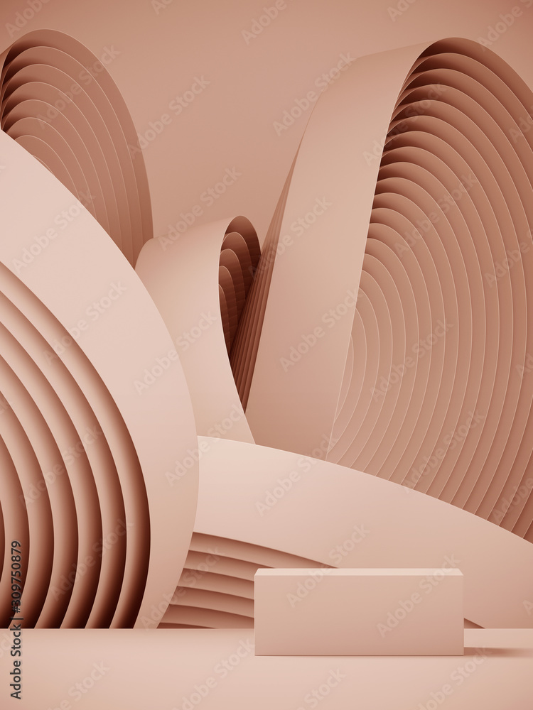 Poster cosmetic background for product presentation. podium on tan color circular geometry pattern . 3d ren