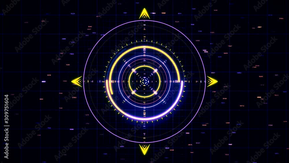Poster digitally generated animation of targeting system with a yellow and blue glow and program codes runn