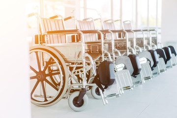 Wheelchairs in the hospital.Wheelchairs waiting and ready for patient services.