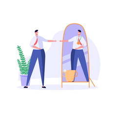 Happy man watching in mirror. Mirrored man narcissist. Concept of self esteem, self confidence, boost motivation. Vector illustration flat design