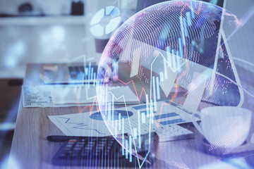 Multi exposure of forex graph and work space with computer. Concept of international online trading.