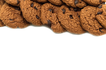 Biscuit with chocolate chip flavored. A stack of crunchy delicious sweet meal and useful cookie. Isolated on white background. Copy space.