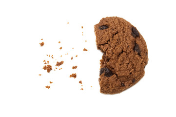 Biscuit with chocolate chip flavored. Some broken and crumbs of crunchy delicious sweet meal and useful cookie. Isolated on white background.