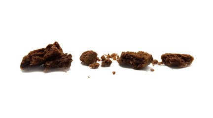 Biscuit with chocolate chip flavored. Some broken and crumbs of crunchy delicious sweet meal and useful cookie. Isolated on white background.
