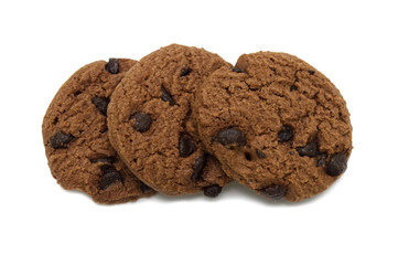 Biscuit with chocolate chip flavored. A stack of crunchy delicious sweet meal and useful cookie. Isolated on white background.