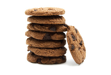 Biscuit with chocolate chip flavored. A stack of crunchy delicious sweet meal and useful cookie. Isolated on white background.