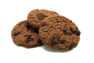 Biscuit with chocolate chip flavored. A stack of crunchy delicious sweet meal and useful cookie. Isolated on white background.