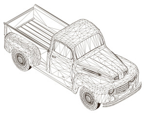 Wireframe of an old pickup truck isolated on a white background. View isometric. Vector illustration © German Ovchinnikov
