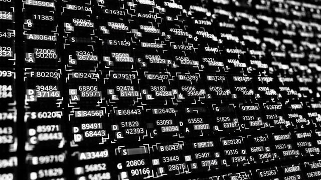 Abstract monochrome background with digital information, growth graph of stock market on screen of trading board. Animation. Business or technology concept, seamless loop.