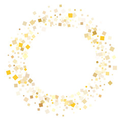 Modern gold confetti sequins tinsels falling on white. Shiny Christmas vector sequins background. Gold foil confetti party pieces illustration. Overlay sparkles invitation backdrop.
