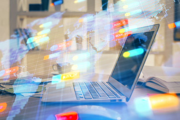 Double exposure of computer and technology theme drawing. Concept of innovation.