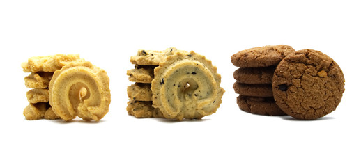 Collection of cookies and biscuit with different flavor, chocolate chip butter, vanilla and black sesame. Isolated on white background.