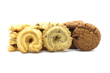 Collection of cookies and biscuit with different flavor, chocolate chip butter, vanilla and black sesame. Isolated on white background.