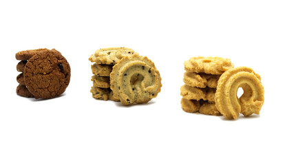 Collection of cookies and biscuit with different flavor, chocolate chip butter, vanilla and black sesame. Isolated on white background.