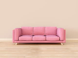 Living room interior mockup with pink sofa and empty wall and floor. 3D rendering.