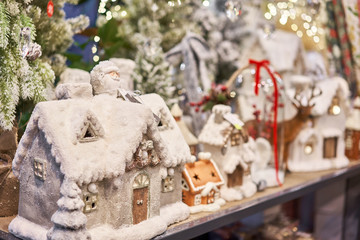The Christmas house. Market of decor . Lots of christmas decoration in store. Christmas shopping for new year tree.
