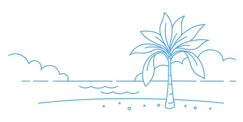 Palm tree on the beach coast background. Waterfront shore. Rest, vacation. Copy space. Sketch vector line contour. Place for text.