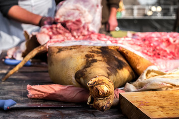 Butchers slaughtering a pig