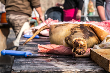 Butchers slaughtering a pig