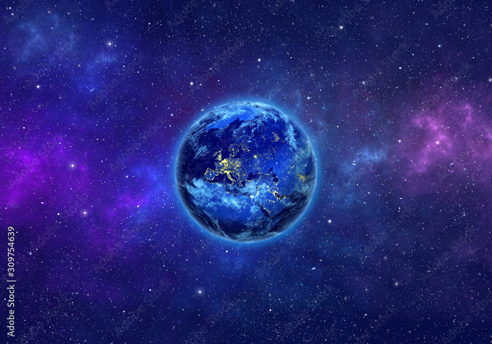 Poster planet earth in space with nebula and stars. elements of this image furnished by nasa. 3d rendering.