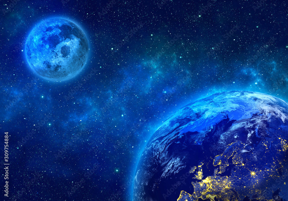 Sticker planet earth and full moon in space. elements of this image furnished by nasa. 3d rendering.
