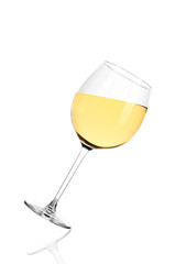 White wine on white backgroundFull glass of white wine isolated on white background. The glass is tilted to the right.