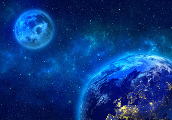 Planet Earth and full moon in space. Elements of this image furnished by NASA. 3D rendering.