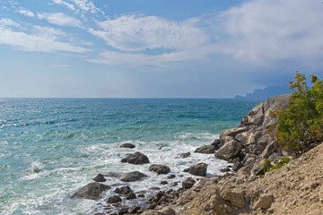 Strong surf on the rocky seashore. Crimea