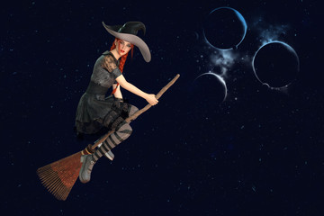 Witch flying on broom in night sky with planets. 3D rendering.