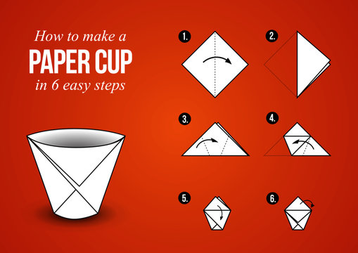 Origami Tutorial Make a Paper Cup in 6 easy steps with orange background (landscape orientation)