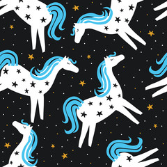 Horses, hand drawn backdrop. Colorful seamless pattern with animals, stars. Decorative cute wallpaper, good for printing. Overlapping colored background vector. Design illustration