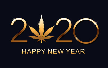 Gold Marijuana leaf and 2020 year on blue background. Vector illustration Christmas and Happy New Year.
