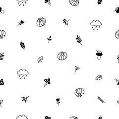 Autumn seamless pattern. Wallpapers with pumpkins, leaves, flowers, mushrooms, clouds and plants. Abstract background with different hand drawn autumn items. Vector.