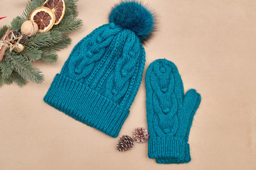 set of hat and mittens, handmade with New Year's decor