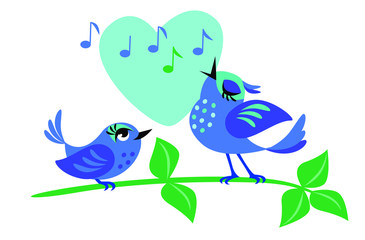 Little bright bird male sings about love, female listens and smiles