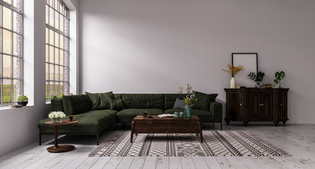 Modern interior design of a living room in an apartment, house, office, comfortable sofa, fresh flowers and bright modern interior details and sunbeams white walls and windows © Юрий Кузнецов