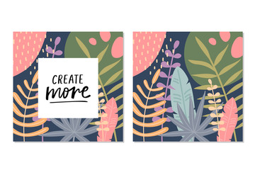 Vector tropical background with tropical foliage, banana leaves, palm leaves and graphic elements. Modern colorful summer print design. Banner with hand written lettering of a phrase Create more.