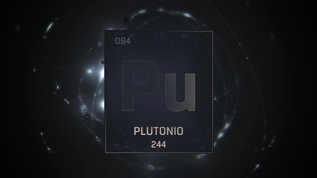 Plutonium as Element 94 of the Periodic Table. Seamlessly looping 3D animation on silver illuminated atom design background with orbiting electrons. Name, atomic weight, element number in Spanish lang
