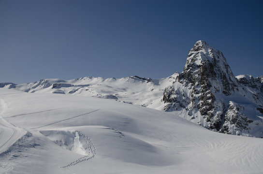 Breathtaking winter nature landscape, amazing snow mountain view. Freezing day on ski resort.
